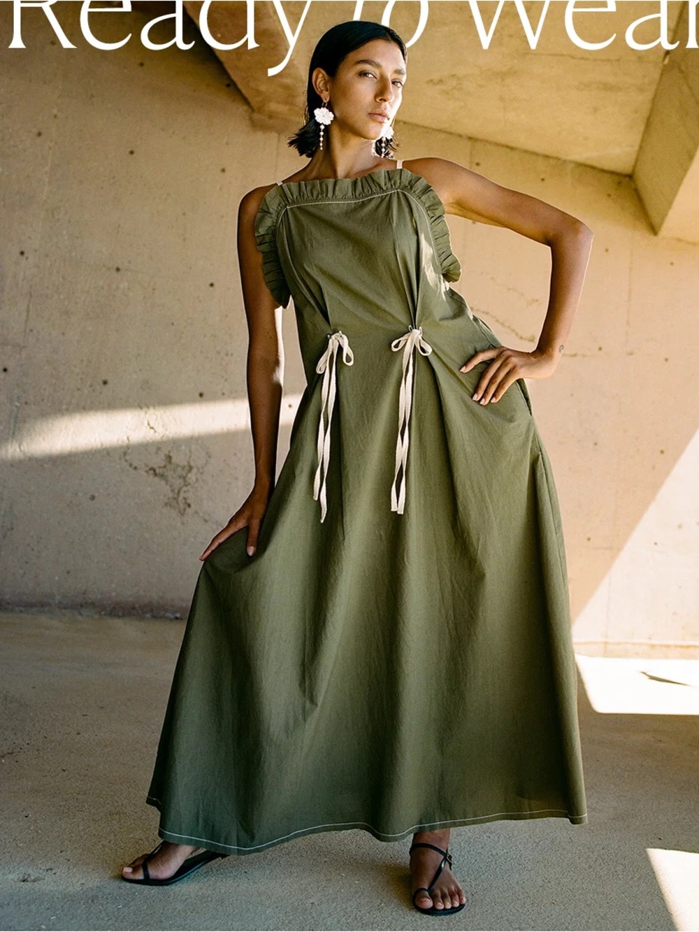 Chan Luu Olive Green Cotton Dress Size 1 Small Ruffle Tie Detail Boho